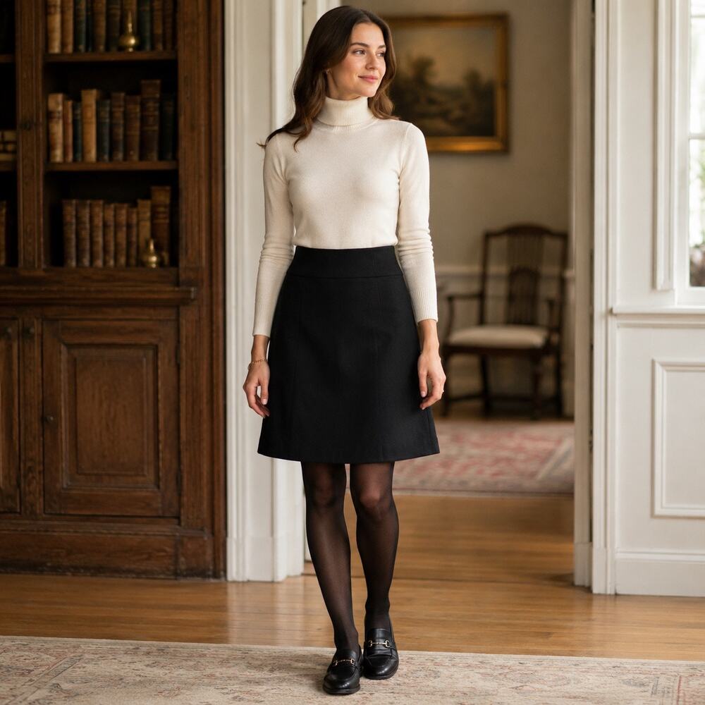 Quiet Luxury Preppy J.Crew Wool Cashmere A-Line Skirt Black Dark Academia Sz 0